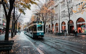 Tram on a city street in Zurich, Switzerland